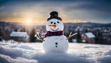 Fototapeta Na sufit - Panoramic view of happy snowman in winter secenery with copy space