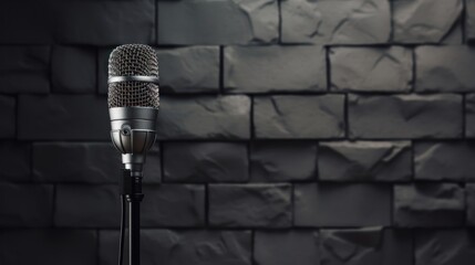 A professional studio microphone stands against a concrete wall, overlaid with a visual audio waveform