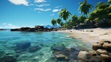 Beautiful Tropical Paradise Sandy Beach And Sea With Palm Trees At Seaside Resort, Seaside Vacation Concept, Tourism