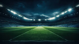 Fototapeta Sport - A professional soccer pitch glistens under stadium lights