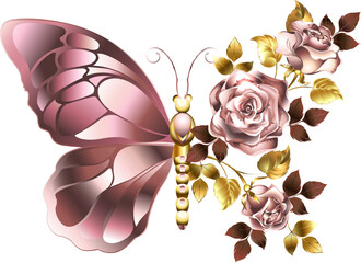 Canvas Print - Flower butterfly with pink gold roses