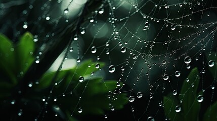 Wall Mural - a spider web covered in water droplets on a leafy plant. generative ai
