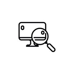 Magnifying glass with computer outline icon. Vector illustration. The isolated icon suits the web, infographics, interfaces, and apps.