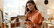 © N Felix/peopleimages.com - Happy woman, tablet and phone call in logistics or small business for supply chain or communication at retail store. Female person or employee talking on mobile smartphone with technology for order
