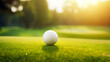 This close-up photo showcases the precision and detail of a golf ball resting on the lush green expanse of a golf course, capturing the essence of the sport and the outdoor leisure it offers.