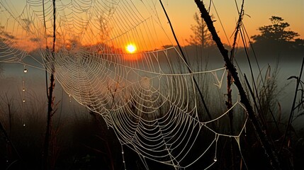 Wall Mural - a spider web in front of a setting sun in a field. generative ai