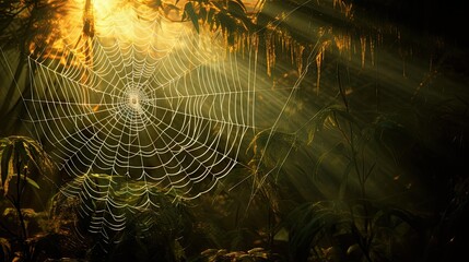 Wall Mural - a spider web in the middle of a forest at sunset. generative ai
