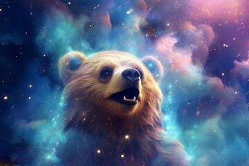 Wall Mural - a bear with a background of colorful clouds and stars