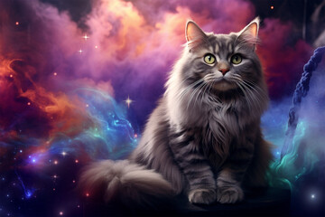 Wall Mural - a cat with a background of colorful clouds and stars