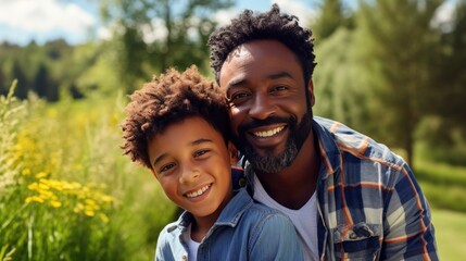 Father and son smiling and hugging in nature with quality time together outdoors. Family love and Father's Day concept.