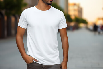 Wall Mural - White blank t-shirt mockup template on male model in urban background.