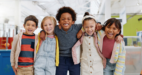 Leinwandbilder - Science, portrait and group of children with happiness at convention, expo or exhibition for workshop. Student, kid or face with smile at tradeshow or scientific conference for knowledge or education