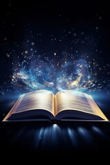 Wall Mural - Open book with flying pages and rays of light on dark background