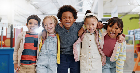 Aufkleber - Science, portrait or group of children with smile at convention, expo or exhibition for learning. Kid or face with diversity at tradeshow or scientific conference for knowledge, workshop or education