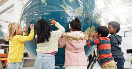 Children, planet and geography for learning, earth and school classroom. Kindergarten, students and happiness for innovation, world map and science for future, child development and stem education