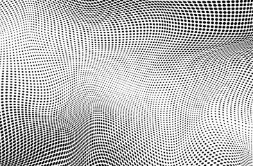 Wall Mural - Spotted gradient background. Optical texture with dots. Monochrome dot pattern. Wavy halftone effect. Black white banner. Futuristic pop art print. Vector illustration.