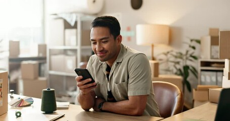 Aufkleber - Office, distribution and man with phone for delivery company on social media, internet and website. Creative worker, business and person at desk on smartphone for online shopping, email and network