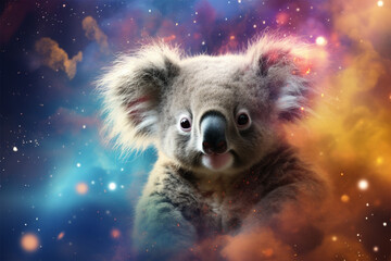 Wall Mural - a koala with a background of stars and colorful clouds