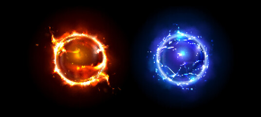 Poster - Magic light orb - game energy sphere with fire and lightnings. Realistic vector illustration set of glowing red and blue electric power balls with neon effect. Fantasy globe with luminous plasma.