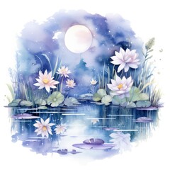 Floral Moon and Water Lilies on a white background.