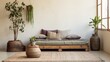 Furnishing a cozy, natural-themed living space with a futon bed and decorative elements