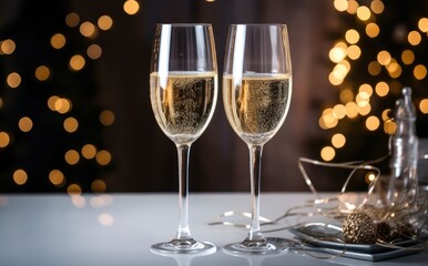 Glasses with champagne on the background of Christmas decorations.