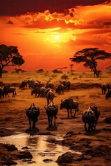 sunset over the serengeti - a herd of buffalo