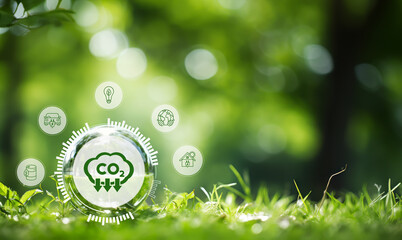 Reduction of carbon emissions, carbon neutral concept. Net zero greenhouse gas emissions target. Reducing carbon footprint concept. Decreasing CO2 emissions target symbol on green view background.