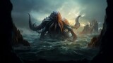 Fototapeta  - Mysterious monster Cthulhu in the sea, attack boat huge tentacles sticking out of the water, landscape