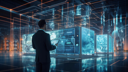 Digital graphics Futuristic 3D Concept, Big Data Center Woman Chief Technology Officer Using Laptop Standing In Warehouse, Information Digitalization Lines, technology and data, Generative AI.