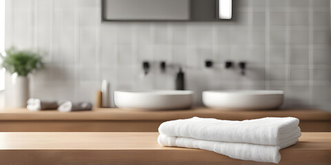 Wooden tabletop counter with a towel. in front of bright out of focus bathroom. copy space