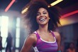 A happy woman with curly hair is smiling while working out at the gym.. Fictional characters created by Generated AI.