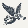 © RetroVector - Flying angel messenger. Vintage woodcut engraving style vector illustration.