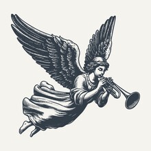 Flying Angel Messenger. Vintage Woodcut Engraving Style Vector Illustration.