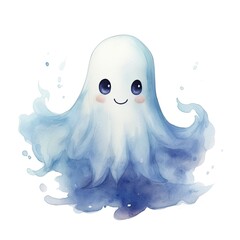 Wall Mural - The watercolor cute ghost on white background.