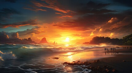 Wall Mural - Breathtaking beach sunset with distant figures and foamy waves surrounded by volcanic hills