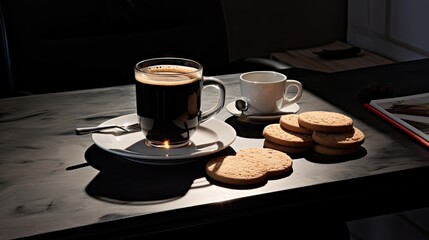 Poster - Coffee on a black office table displaying a morning meal
