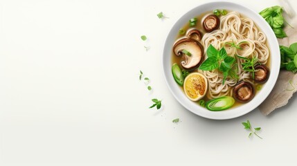 Aufkleber - Asian top view of vegan noodle soup with tofu cheese shiitake mushrooms lettuce in a white bowl