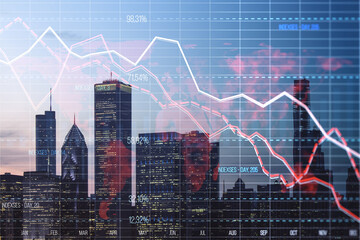 Aufkleber - Creative glowing downward red forex chart on blurry city texture. Crisis, and stock market fall concept. Double exposure.