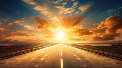 Aufkleber - Blurred motion in the empty sunny summer road stretching towards the horizon at sunset