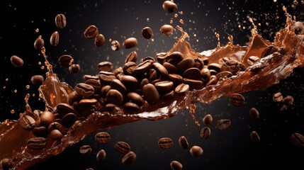 Poster - Coffee beans splashing on a brown backdrop