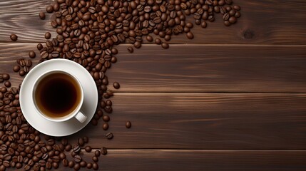 Aufkleber - Coffee beans and cup on wooden background from above