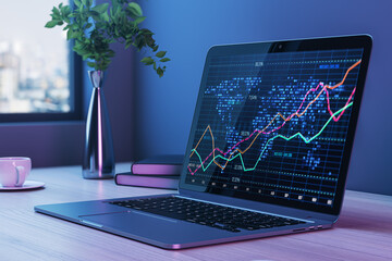Aufkleber - Close up of laptop at workplace with glowing forex chart on blurry background with city view, coffee cup, plant and other items. Crisis, and stock market fall concept. 3D Rendering.