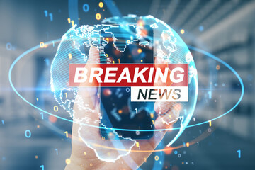 Poster - Close up of hand holding cellphone with creative breaking news and globe hologram on blurry office interior background. Television, online news and digital communication concept. Double exposure.