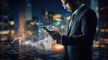 Poster - Blurred background image of businessman using digital smart phone for digital marketing with business strategy concept