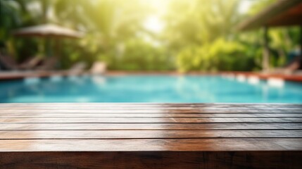 Poster - Blurry background of pool empty wooden table upfront