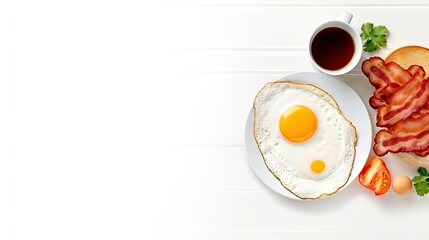 Poster - American breakfast with sunny side fried eggs bacon hash browns pancakes toasts orange juice and coffee