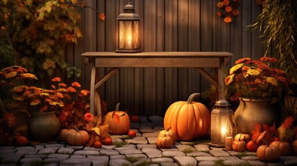 Poster - Autumn porch or patio adorned with pumpkins lights and dry leaves