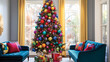 Highlight a vibrant, whimsical Christmas tree brimming with multicolored decorations, radiating joy and festive spirit.