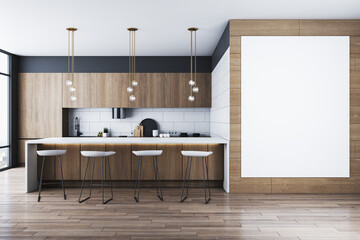 Poster - Modern wooden kitchen interior with empty white mock up banner, furniture and panoramic window with city view and daylight. 3D Rendering.
